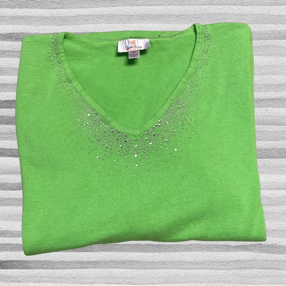 Quacker Factory Top - Bejeweled V-neck - Green
